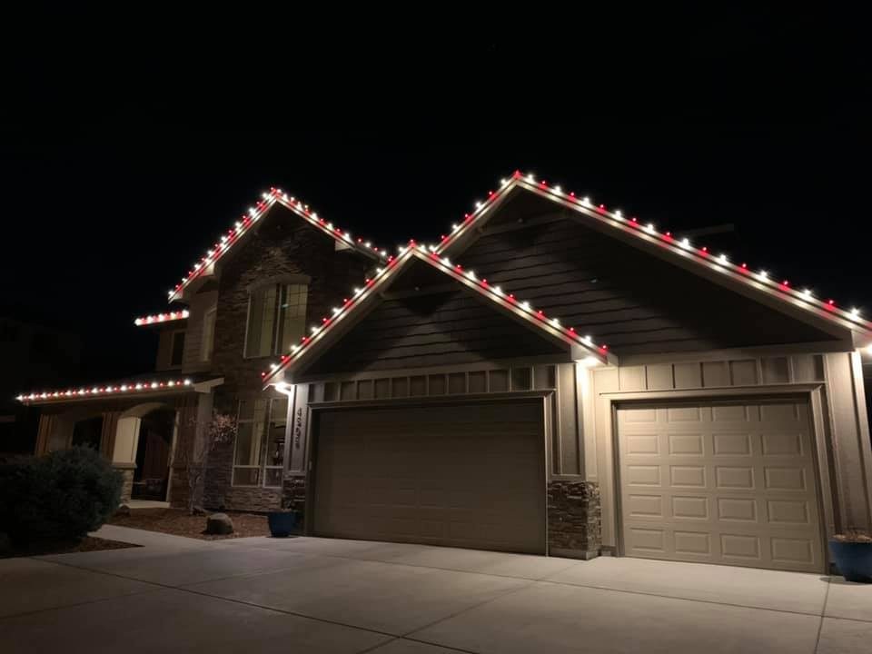 Red and white along the garage peaks